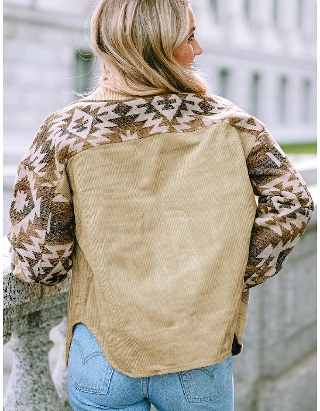Khaki Aztec Print Patchwork Frayed Edge Corduroy Jacket