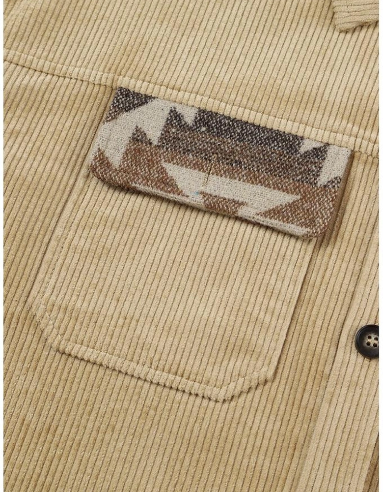 Khaki Aztec Print Patchwork Frayed Edge Corduroy Jacket