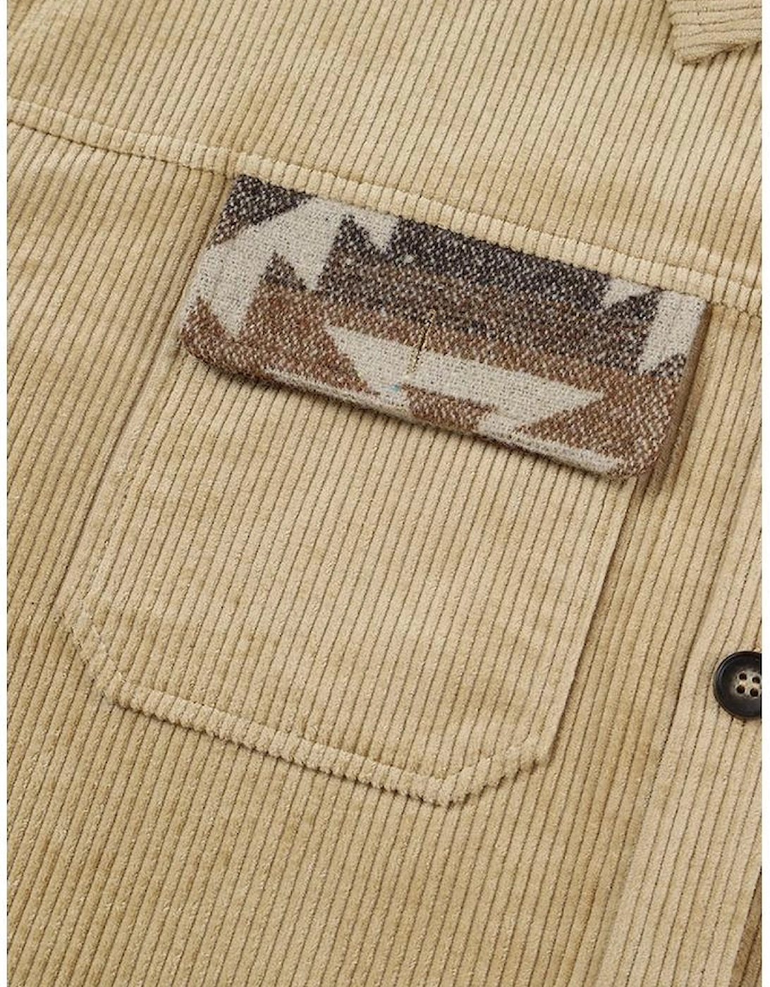 Khaki Aztec Print Patchwork Frayed Edge Corduroy Jacket