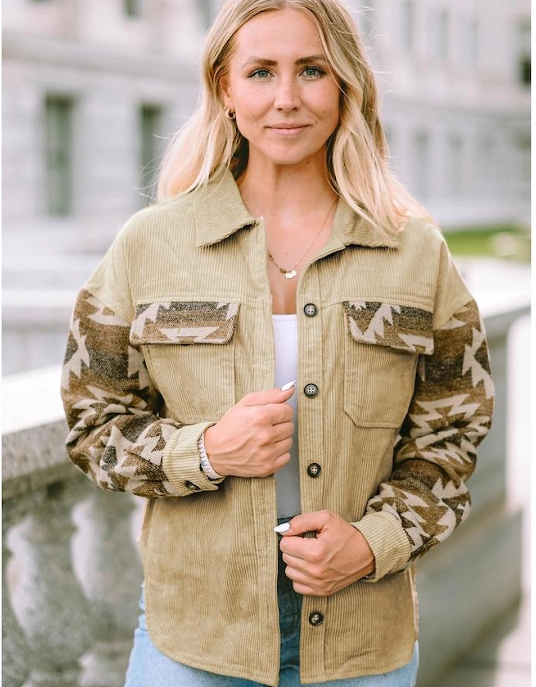 Khaki Aztec Print Patchwork Frayed Edge Corduroy Jacket