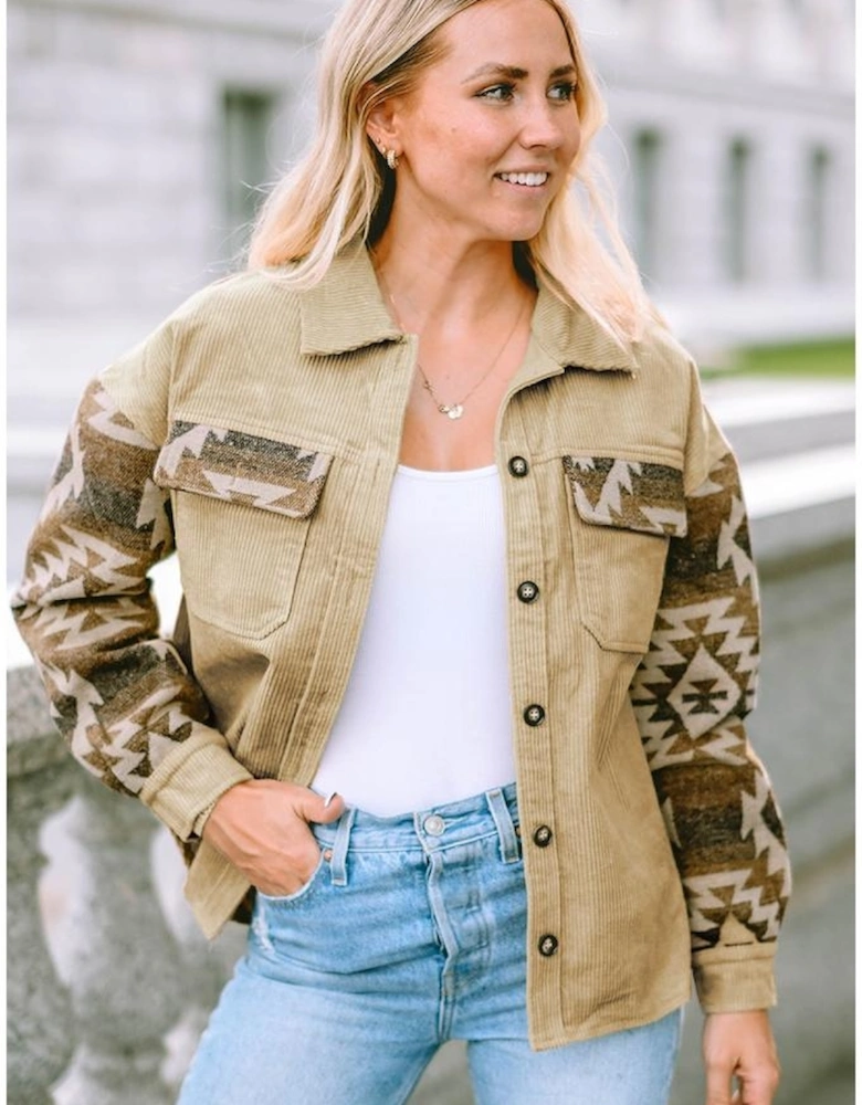 Khaki Aztec Print Patchwork Frayed Edge Corduroy Jacket