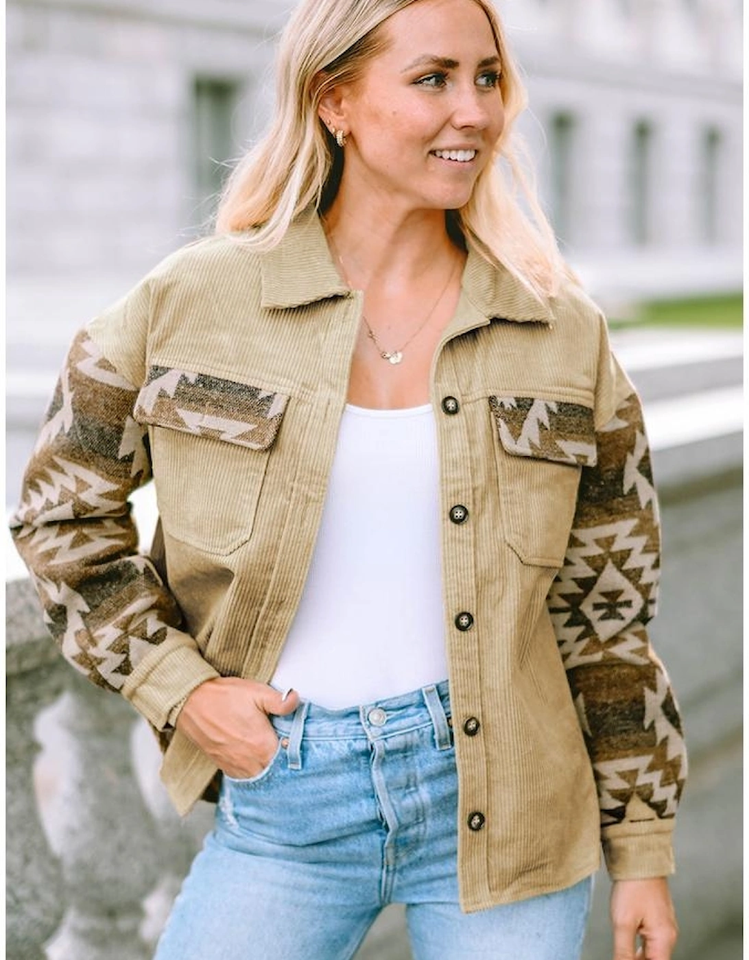 Khaki Aztec Print Patchwork Frayed Edge Corduroy Jacket