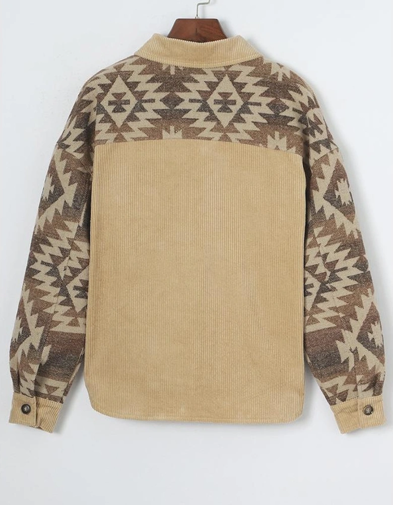 Khaki Aztec Print Patchwork Frayed Edge Corduroy Jacket