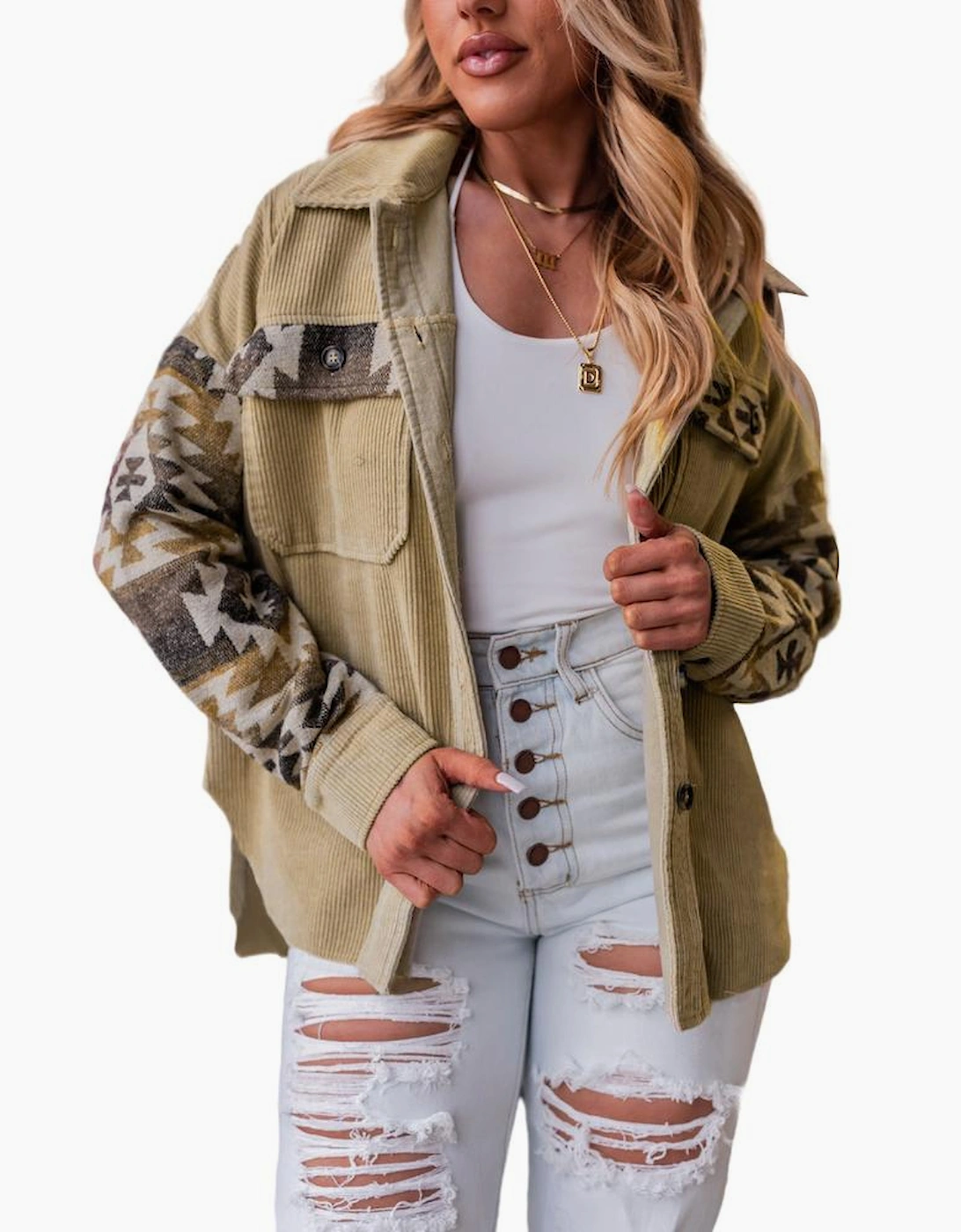 Khaki Aztec Print Patchwork Frayed Edge Corduroy Jacket