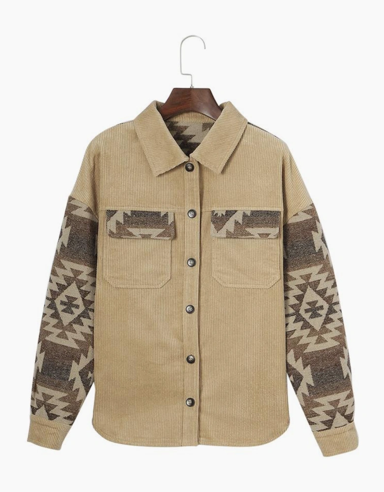 Khaki Aztec Print Patchwork Frayed Edge Corduroy Jacket