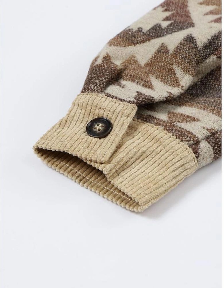 Khaki Aztec Print Patchwork Frayed Edge Corduroy Jacket