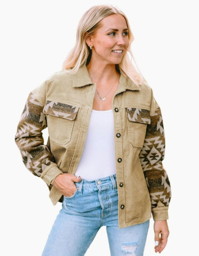 Khaki Aztec Print Patchwork Frayed Edge Corduroy Jacket