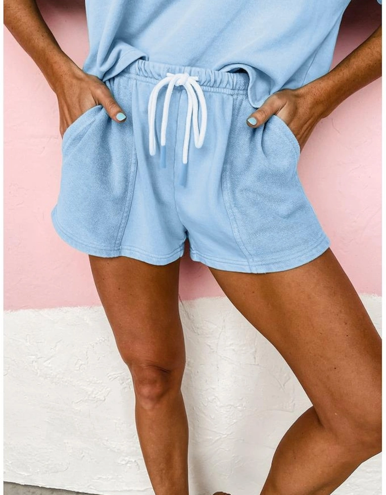 Myosotis V Neck Drop Shoulder Tee and Patchwork Drawstring Shorts Set