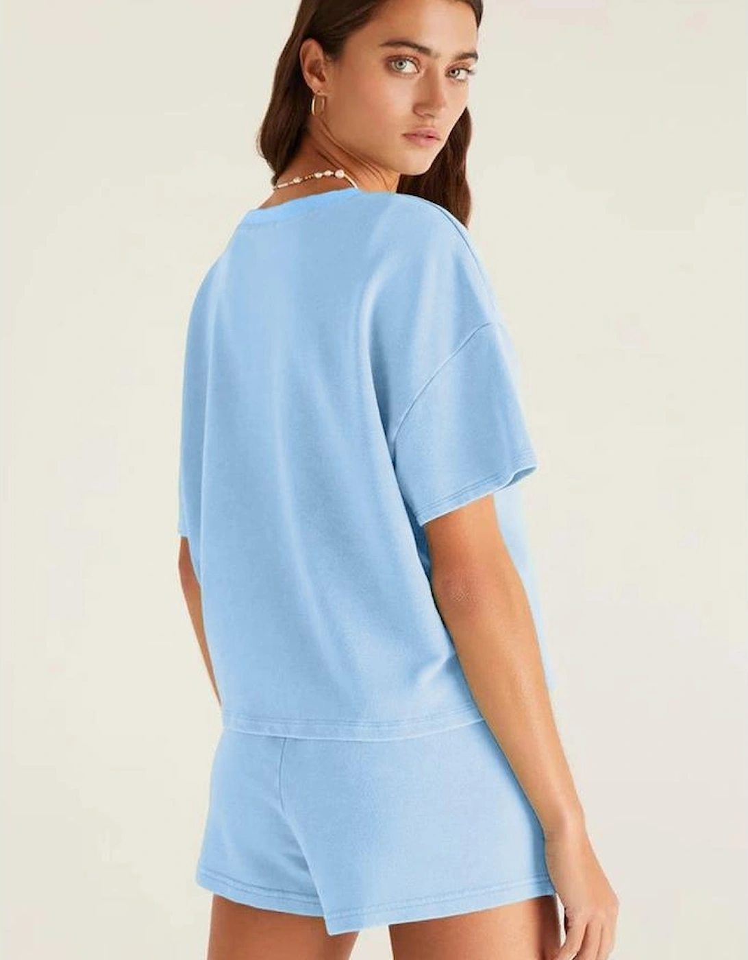 Myosotis V Neck Drop Shoulder Tee and Patchwork Drawstring Shorts Set, 7 of 6