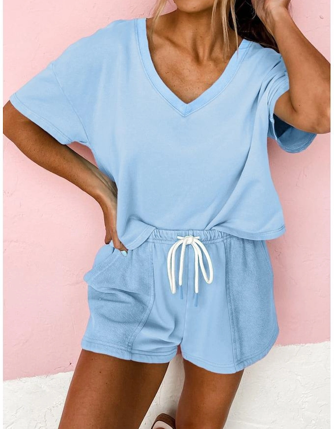 Myosotis V Neck Drop Shoulder Tee and Patchwork Drawstring Shorts Set