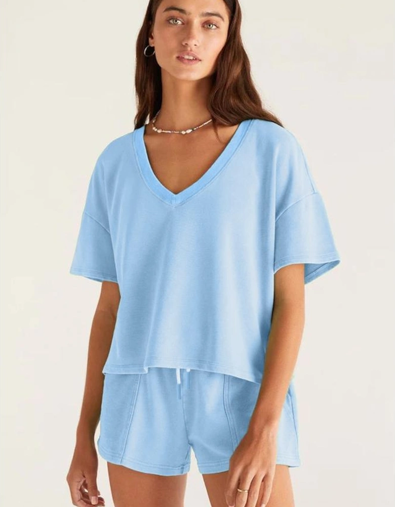 Myosotis V Neck Drop Shoulder Tee and Patchwork Drawstring Shorts Set