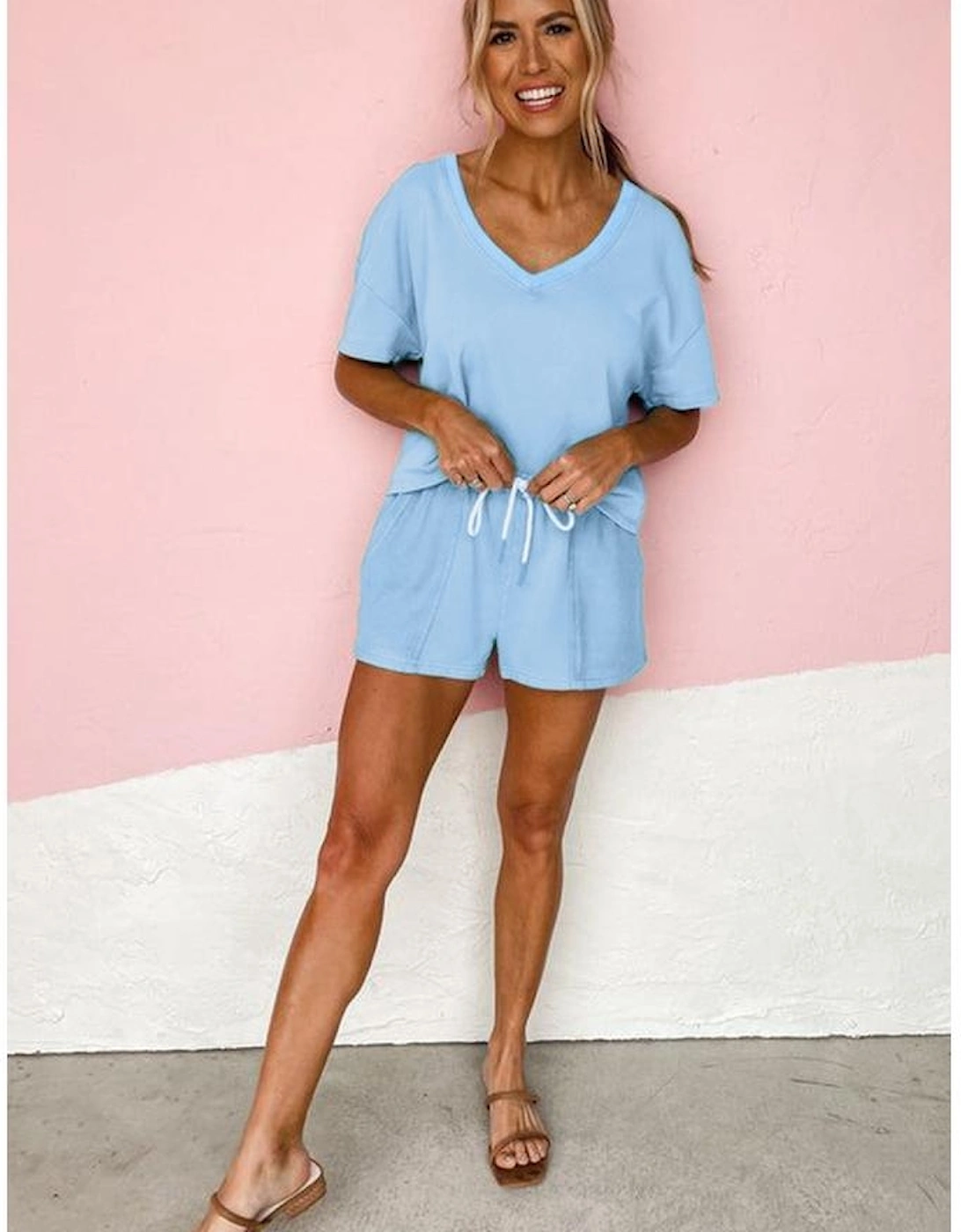 Myosotis V Neck Drop Shoulder Tee and Patchwork Drawstring Shorts Set