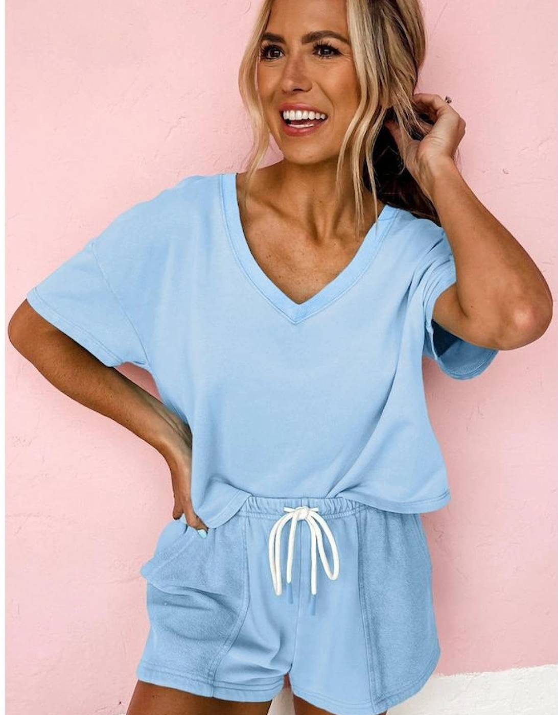 Myosotis V Neck Drop Shoulder Tee and Patchwork Drawstring Shorts Set