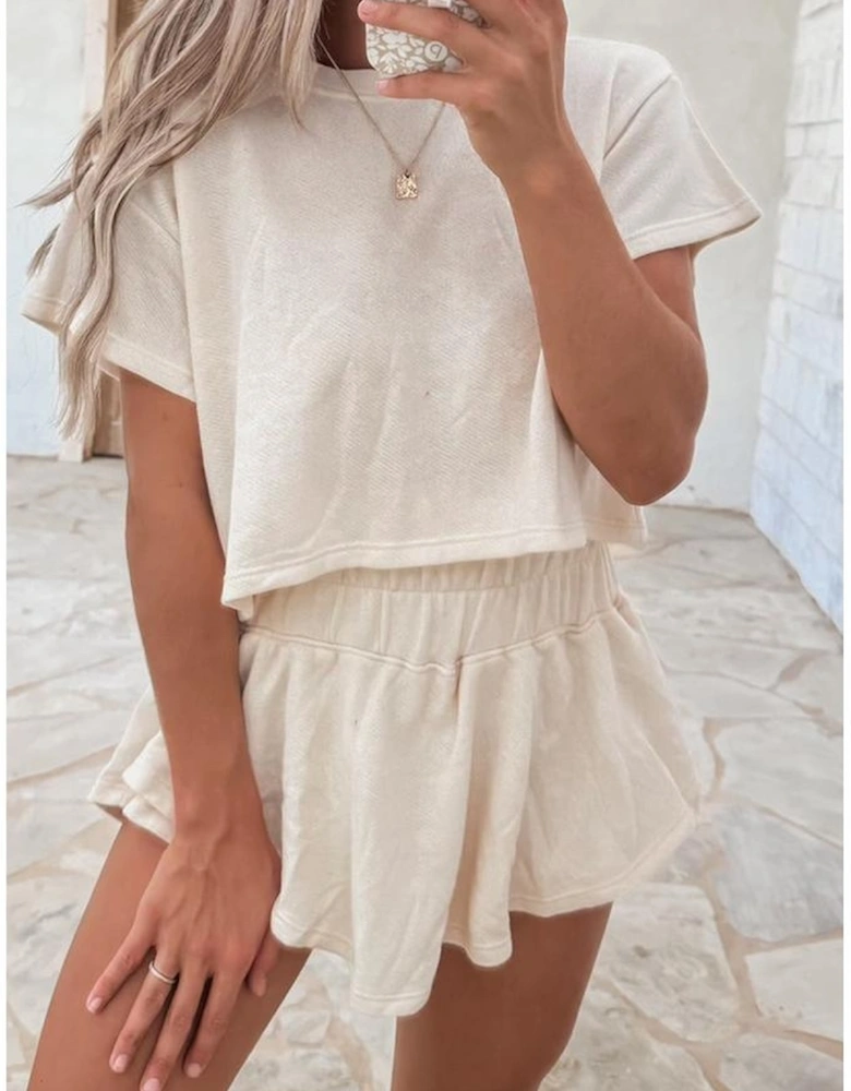 Beige 2pcs Cropped Tee and Ruffle High Waist Skort Set