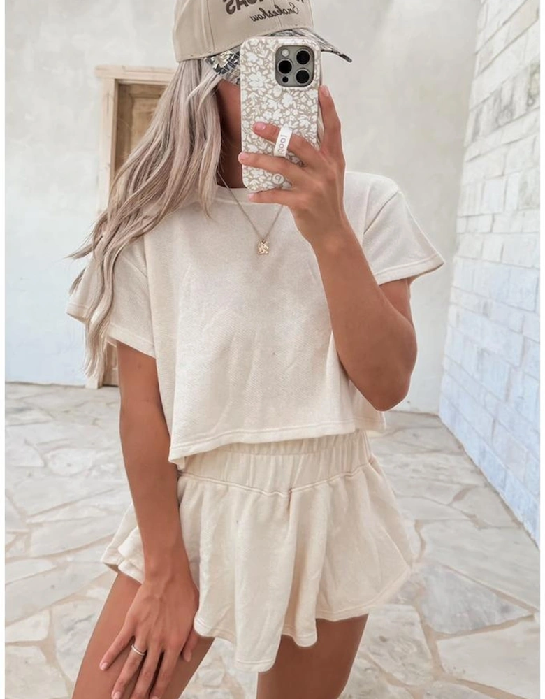 Beige 2pcs Cropped Tee and Ruffle High Waist Skort Set