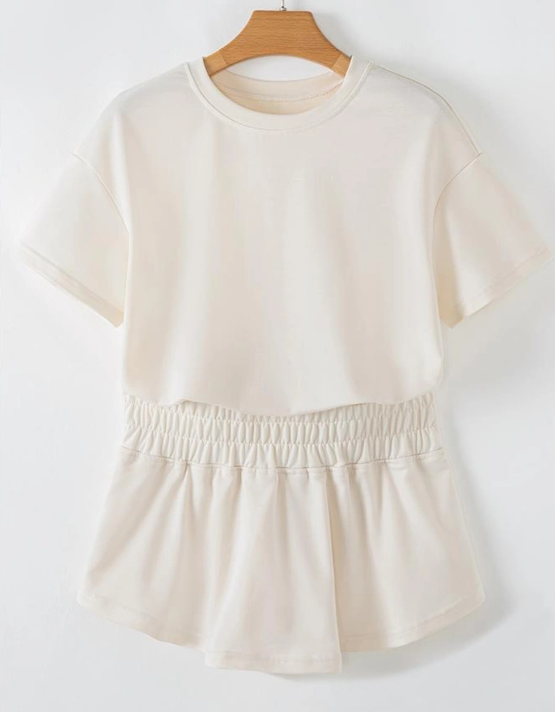 Beige 2pcs Cropped Tee and Ruffle High Waist Skort Set