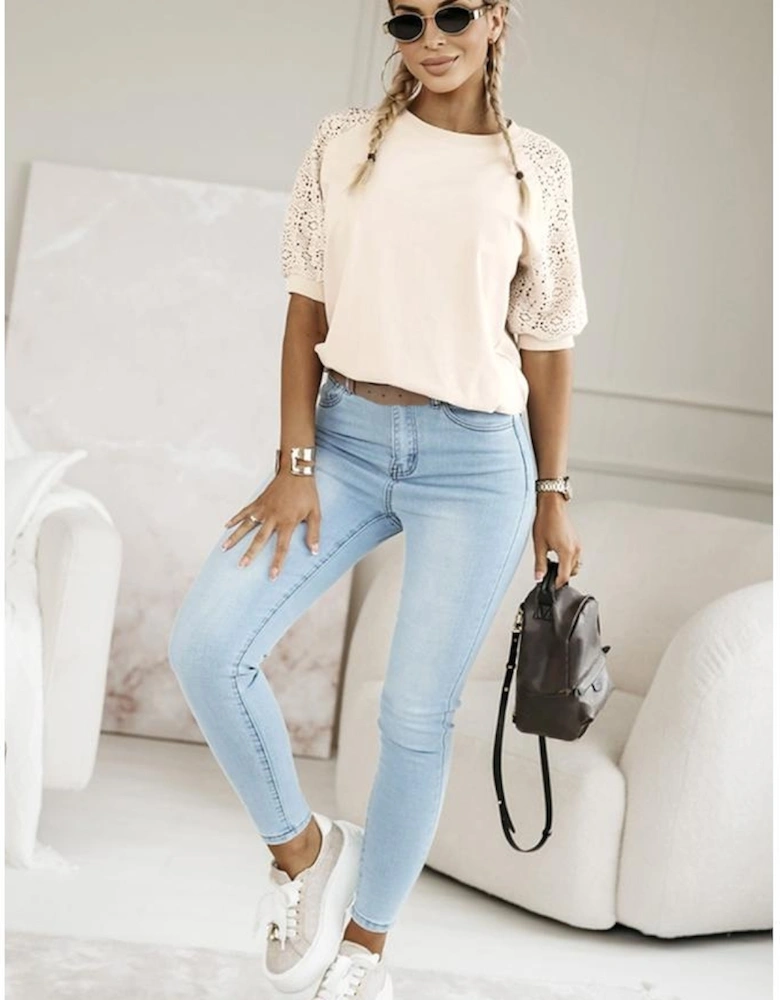 Jet Stream Lace Crochet Short Sleeve Round Neck T Shirt