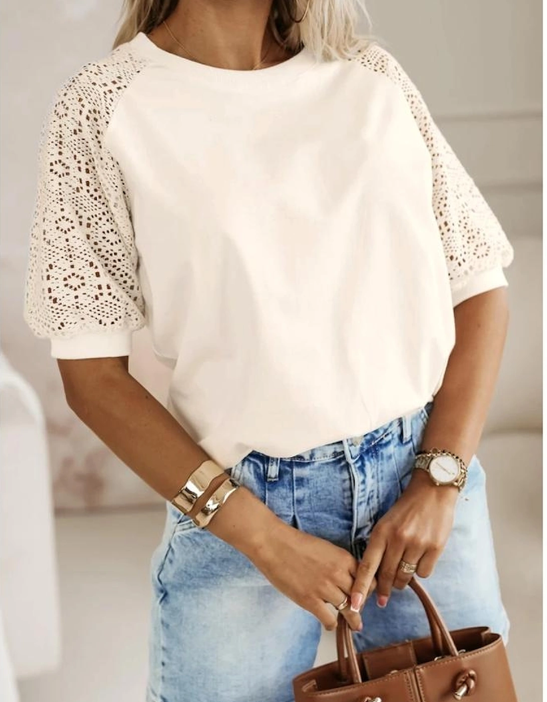 Jet Stream Lace Crochet Short Sleeve Round Neck T Shirt