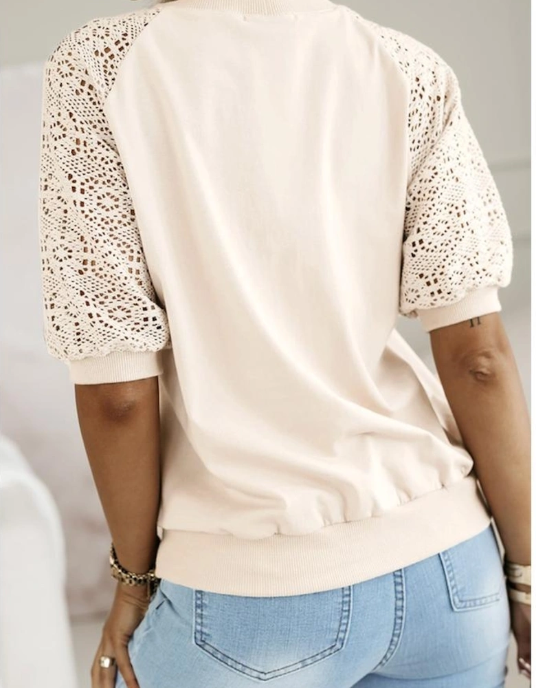 Jet Stream Lace Crochet Short Sleeve Round Neck T Shirt