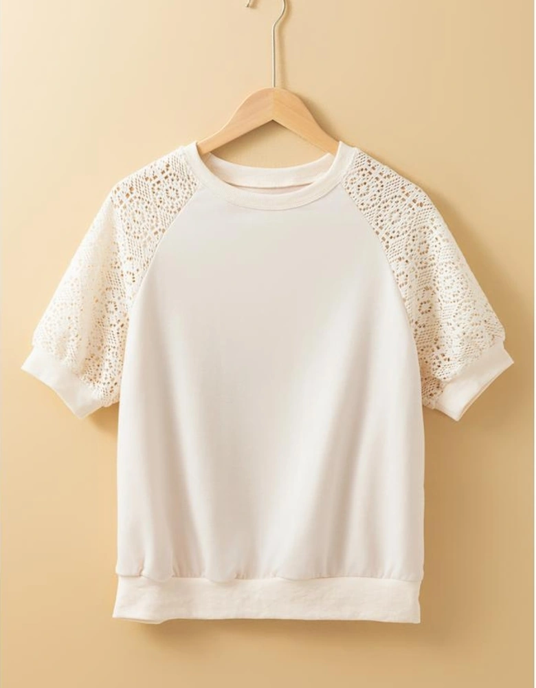 Jet Stream Lace Crochet Short Sleeve Round Neck T Shirt