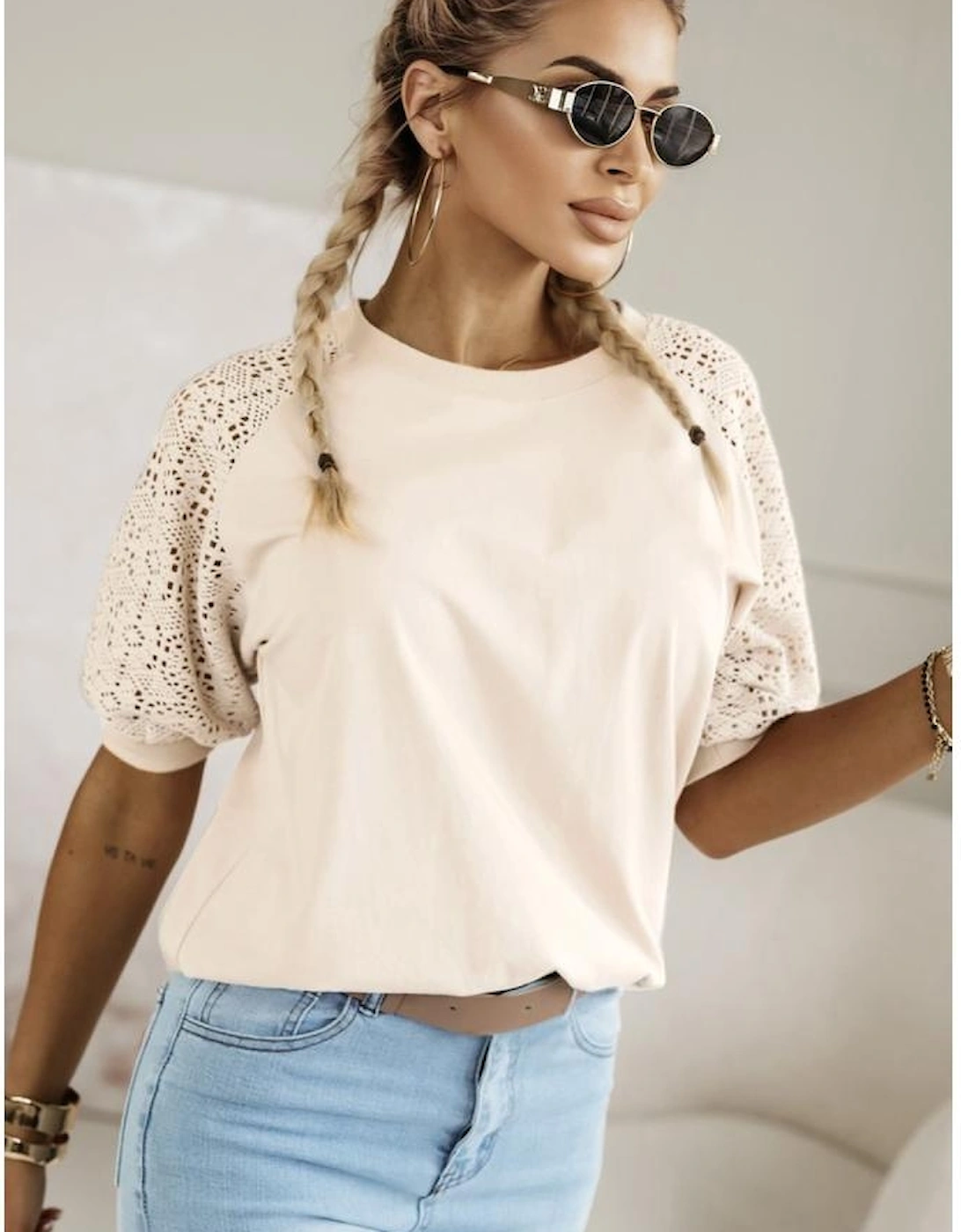 Jet Stream Lace Crochet Short Sleeve Round Neck T Shirt