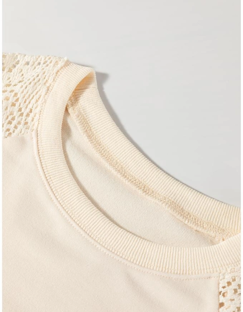 Jet Stream Lace Crochet Short Sleeve Round Neck T Shirt