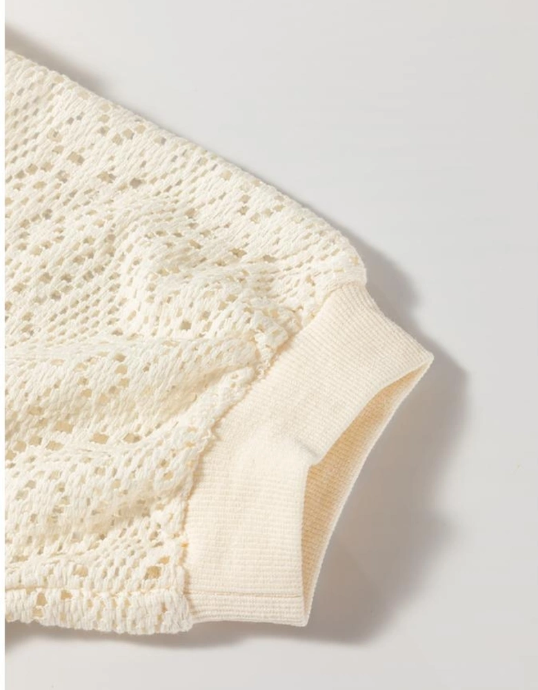 Jet Stream Lace Crochet Short Sleeve Round Neck T Shirt