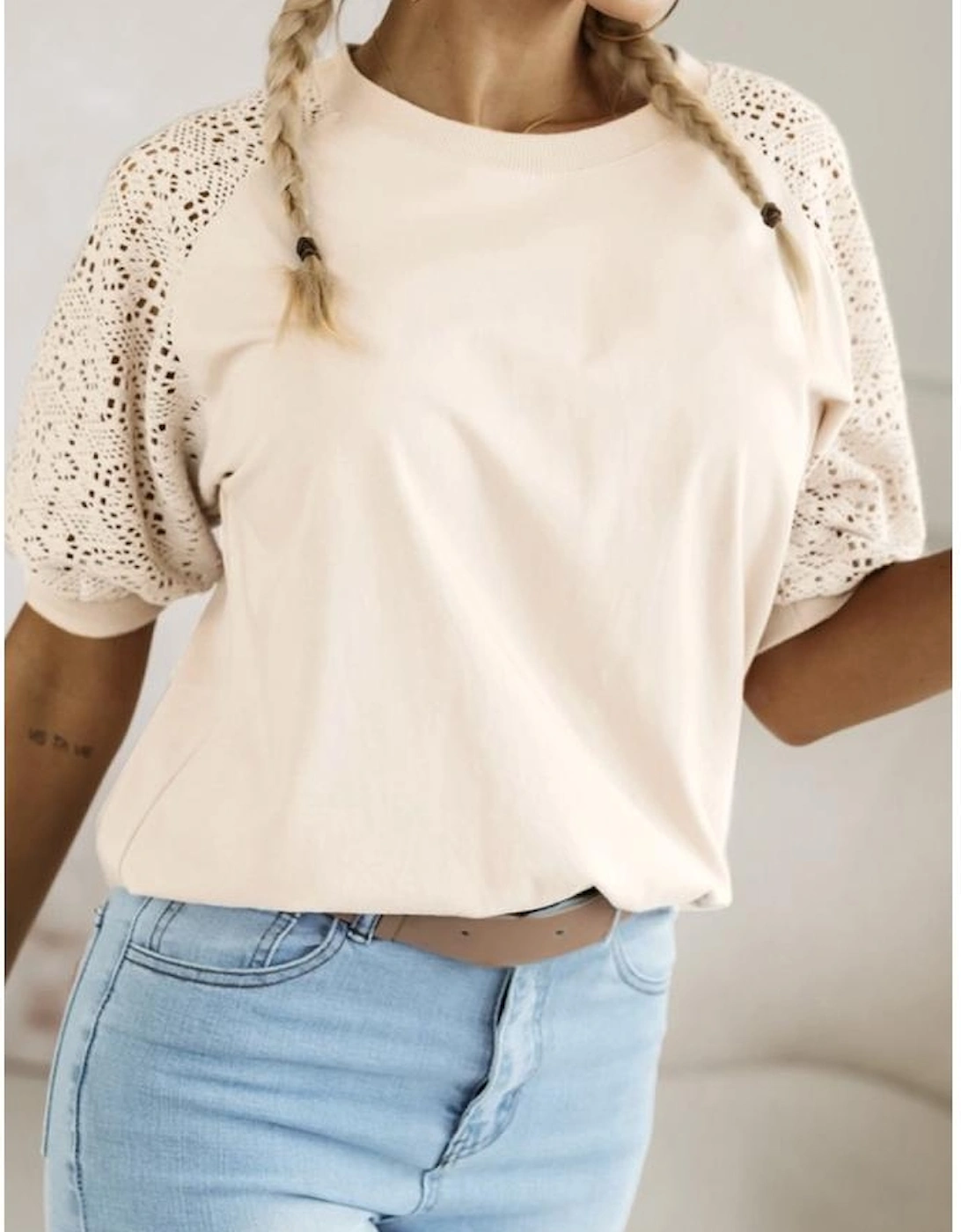 Jet Stream Lace Crochet Short Sleeve Round Neck T Shirt