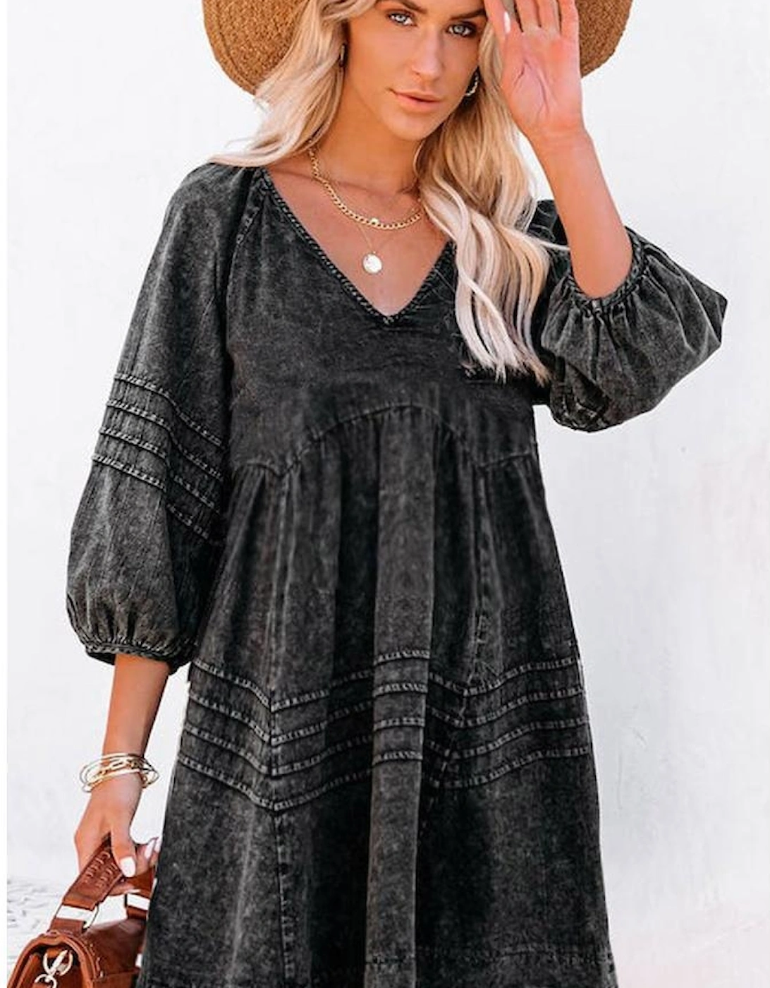 Black Pleated V Neck Puff Sleeve Denim Babydoll Dress, 5 of 4