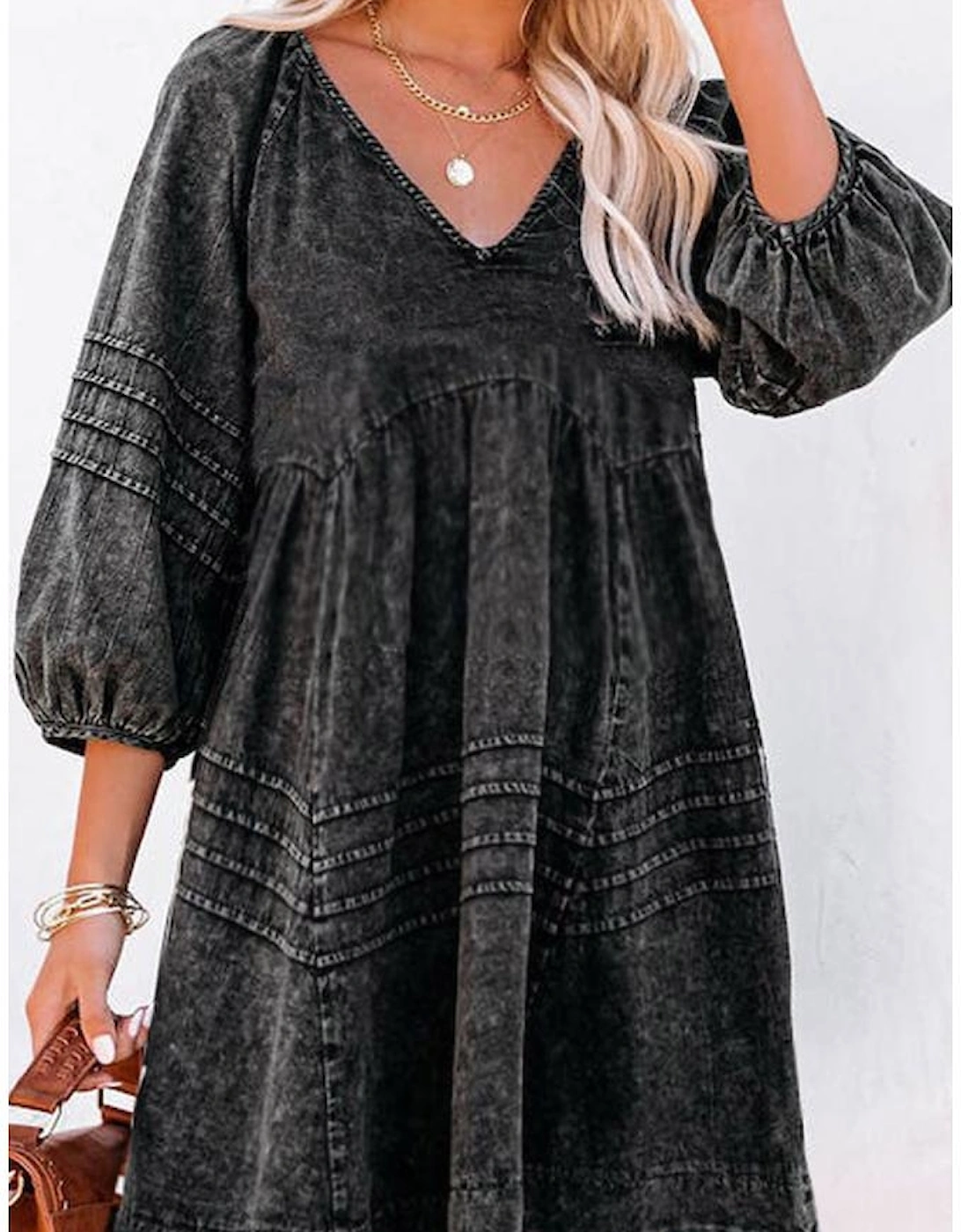 Black Pleated V Neck Puff Sleeve Denim Babydoll Dress