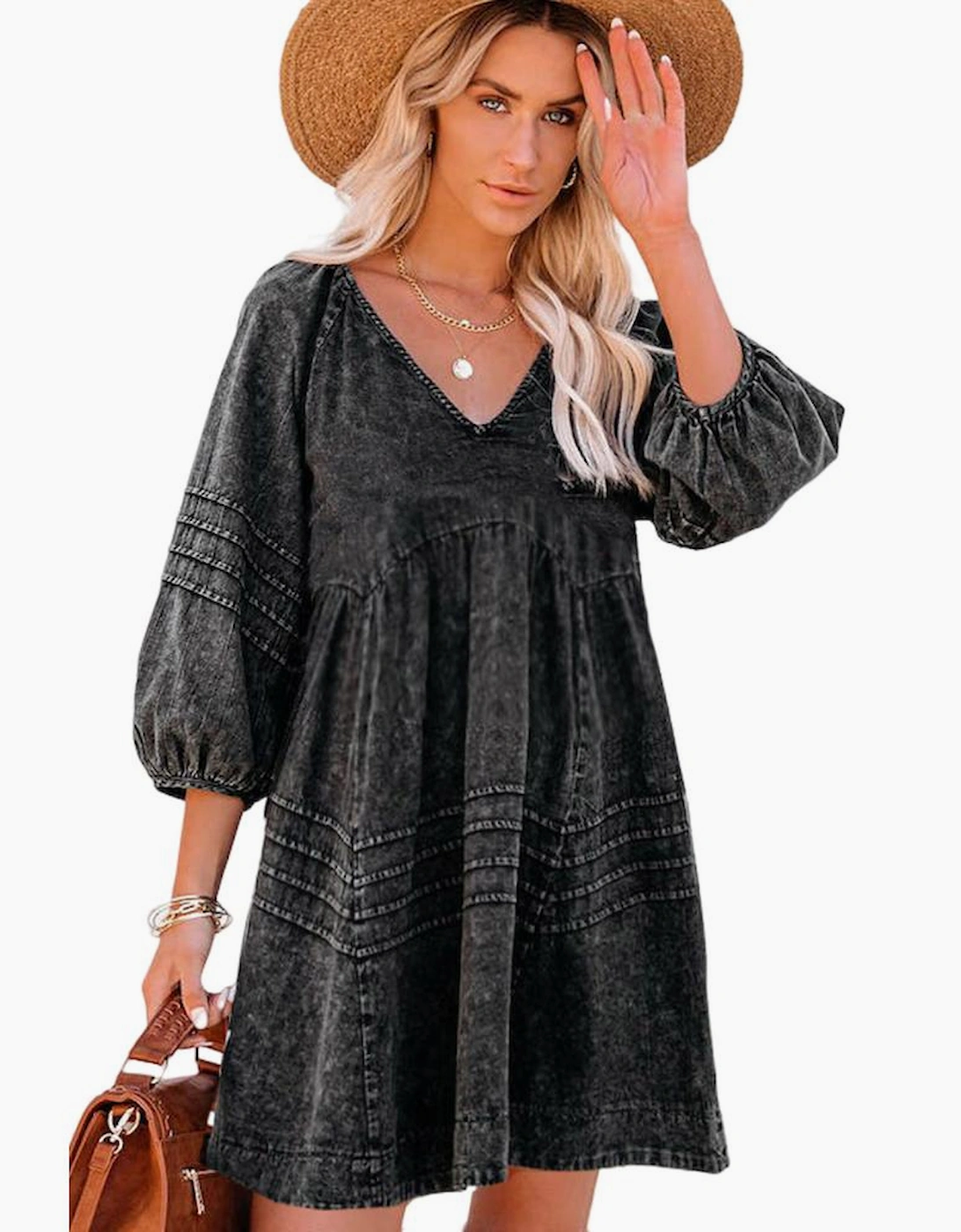 Black Pleated V Neck Puff Sleeve Denim Babydoll Dress