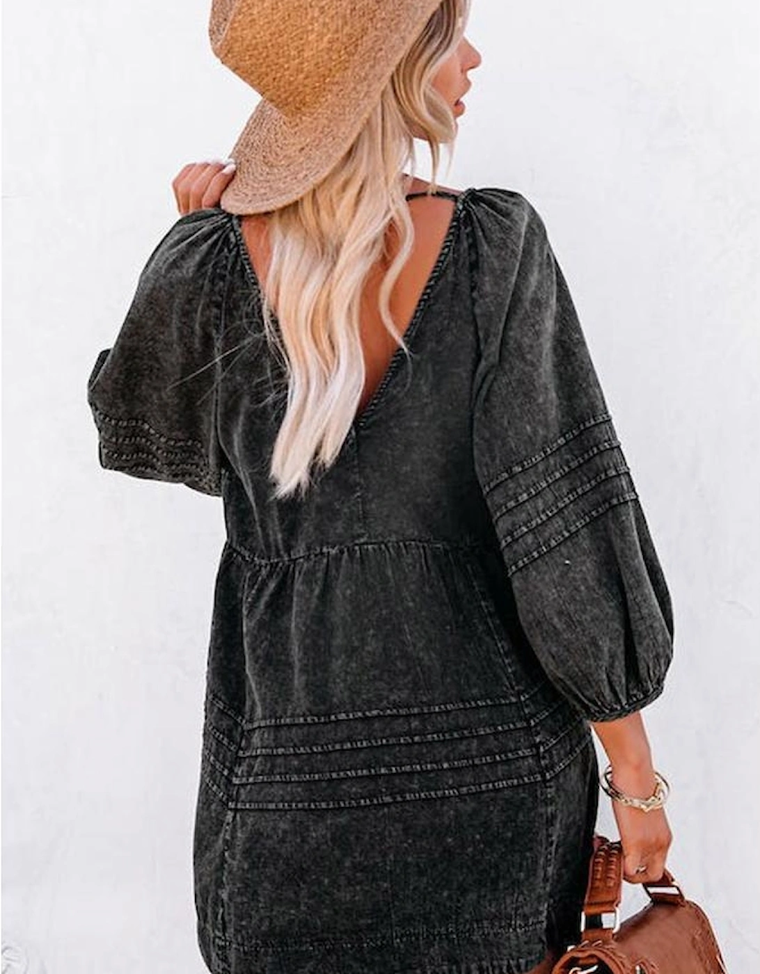 Black Pleated V Neck Puff Sleeve Denim Babydoll Dress