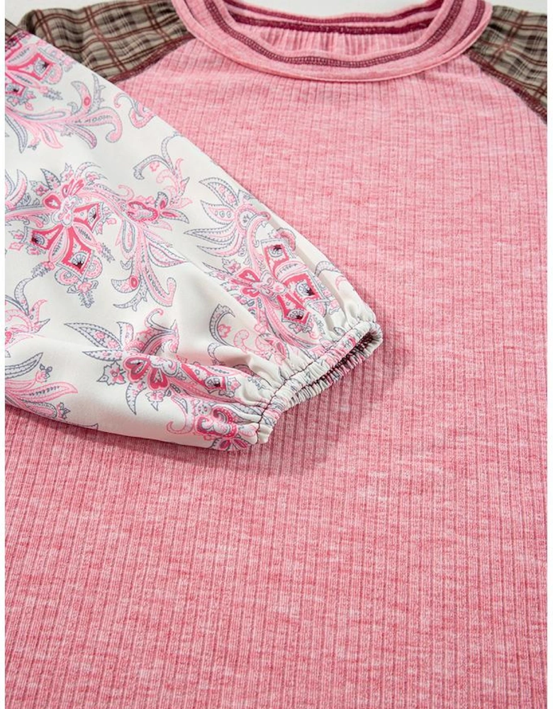 Fushia Mixed Print Raglan Sleeve Ribbed Knit Patchwork Blouse