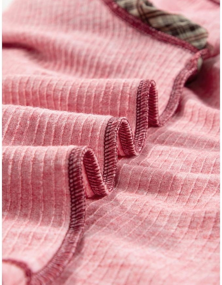 Fushia Mixed Print Raglan Sleeve Ribbed Knit Patchwork Blouse