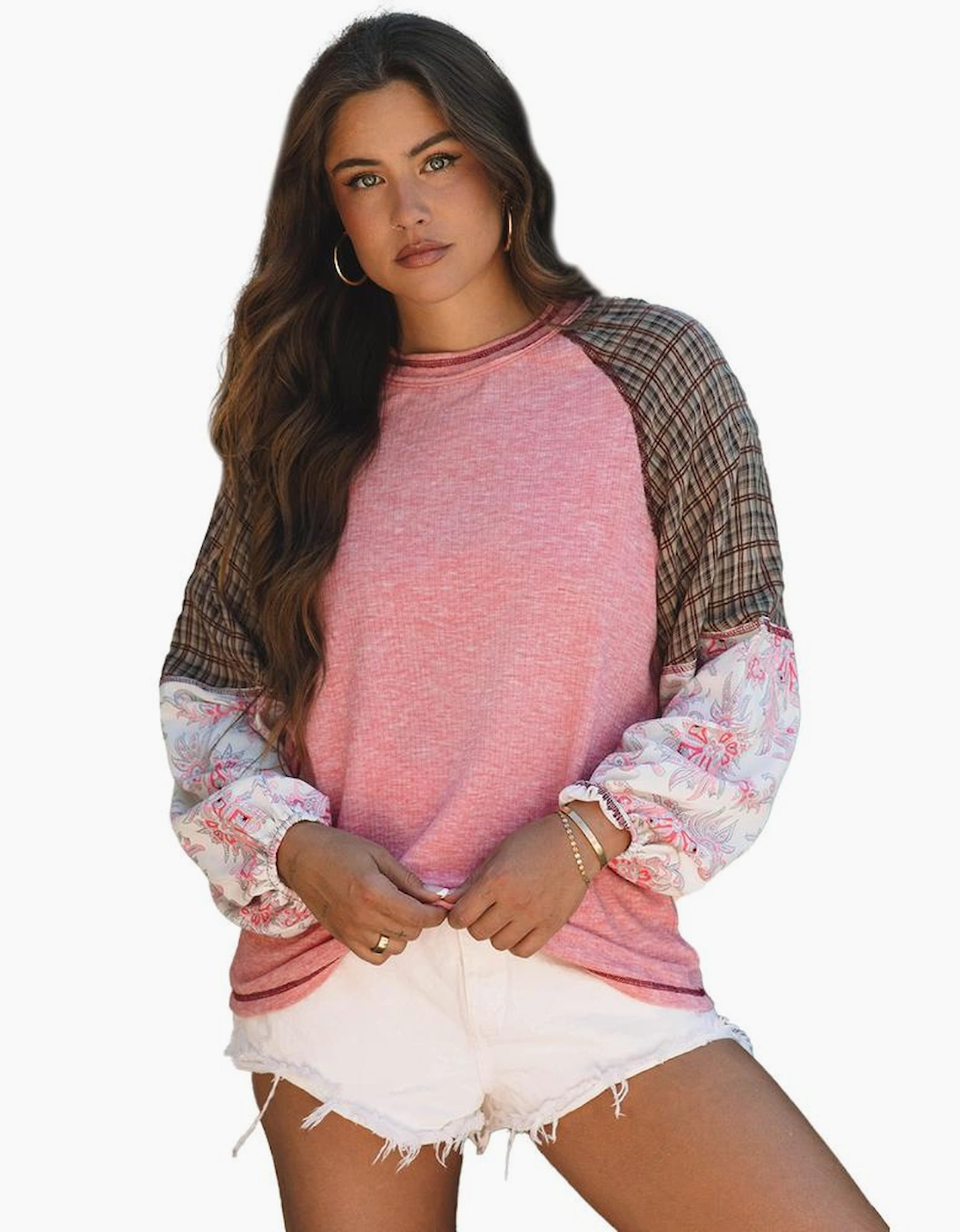 Fushia Mixed Print Raglan Sleeve Ribbed Knit Patchwork Blouse