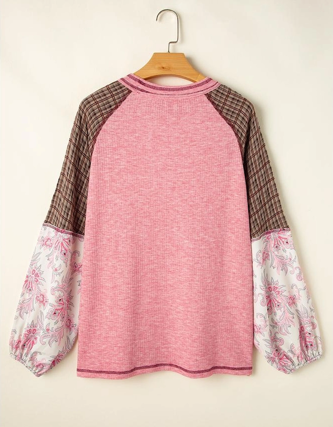 Fushia Mixed Print Raglan Sleeve Ribbed Knit Patchwork Blouse