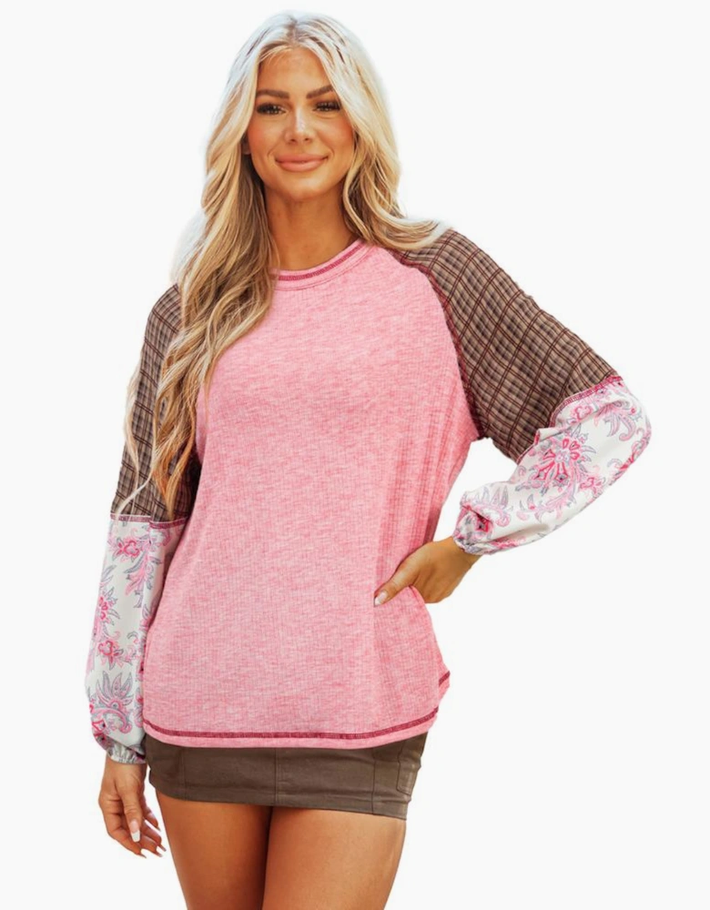 Fushia Mixed Print Raglan Sleeve Ribbed Knit Patchwork Blouse