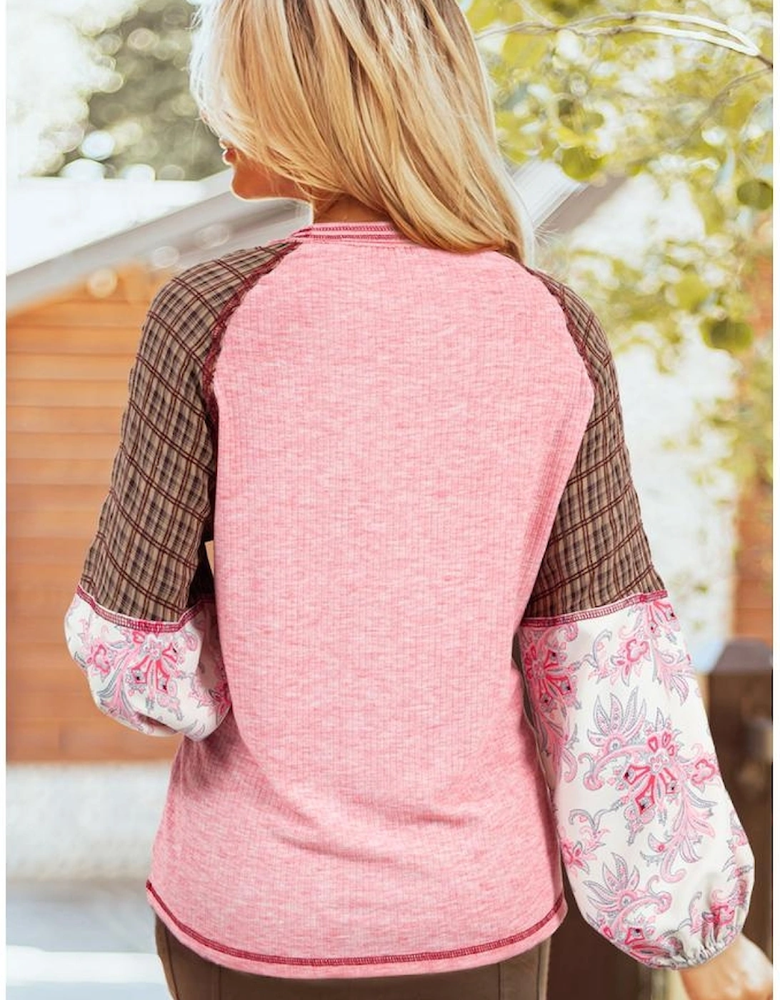 Fushia Mixed Print Raglan Sleeve Ribbed Knit Patchwork Blouse