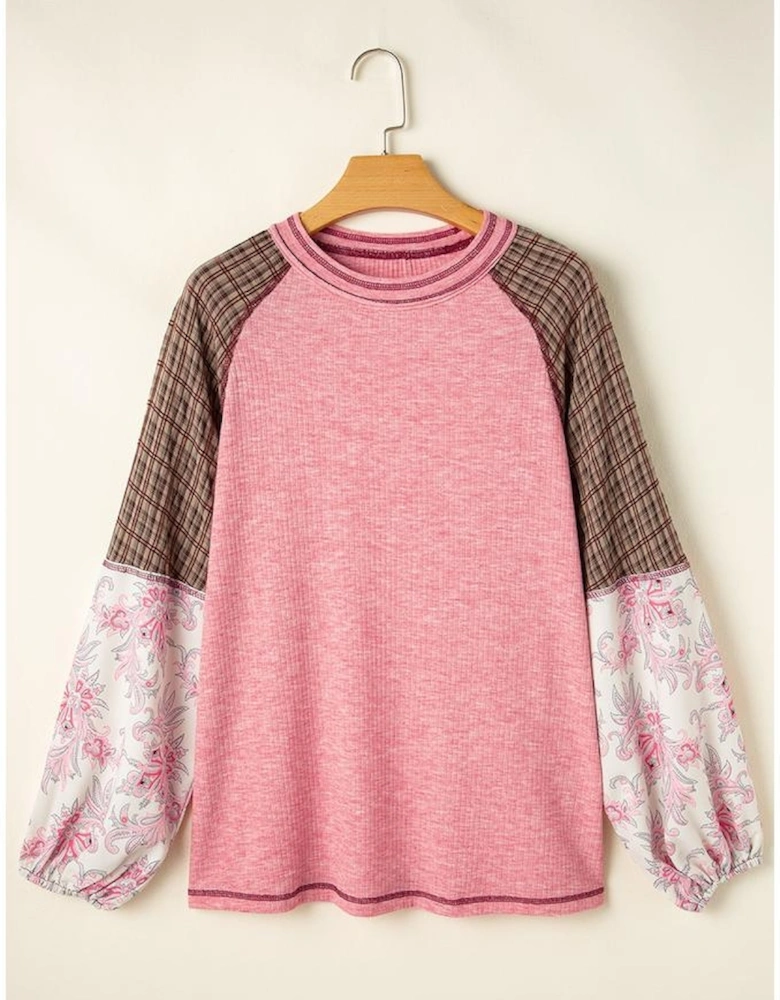 Fushia Mixed Print Raglan Sleeve Ribbed Knit Patchwork Blouse
