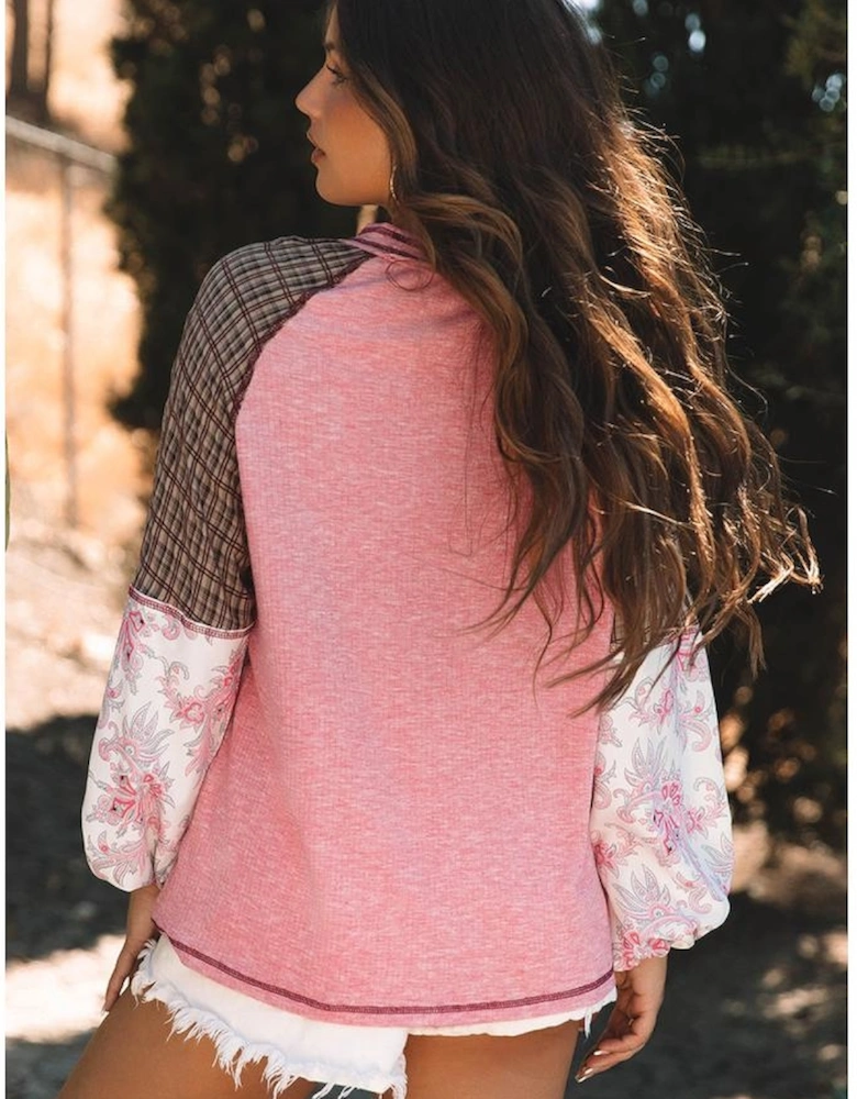 Fushia Mixed Print Raglan Sleeve Ribbed Knit Patchwork Blouse