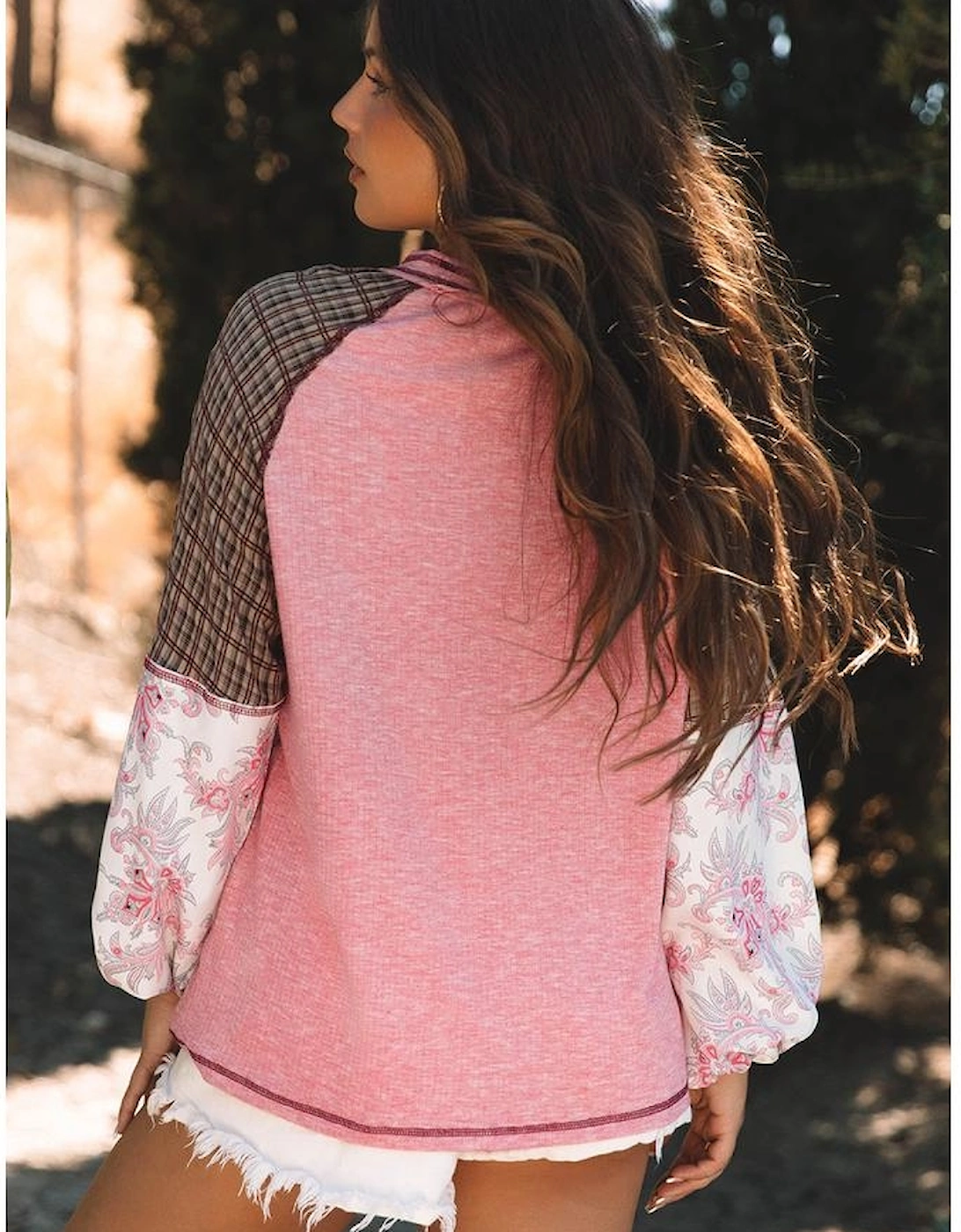 Fushia Mixed Print Raglan Sleeve Ribbed Knit Patchwork Blouse
