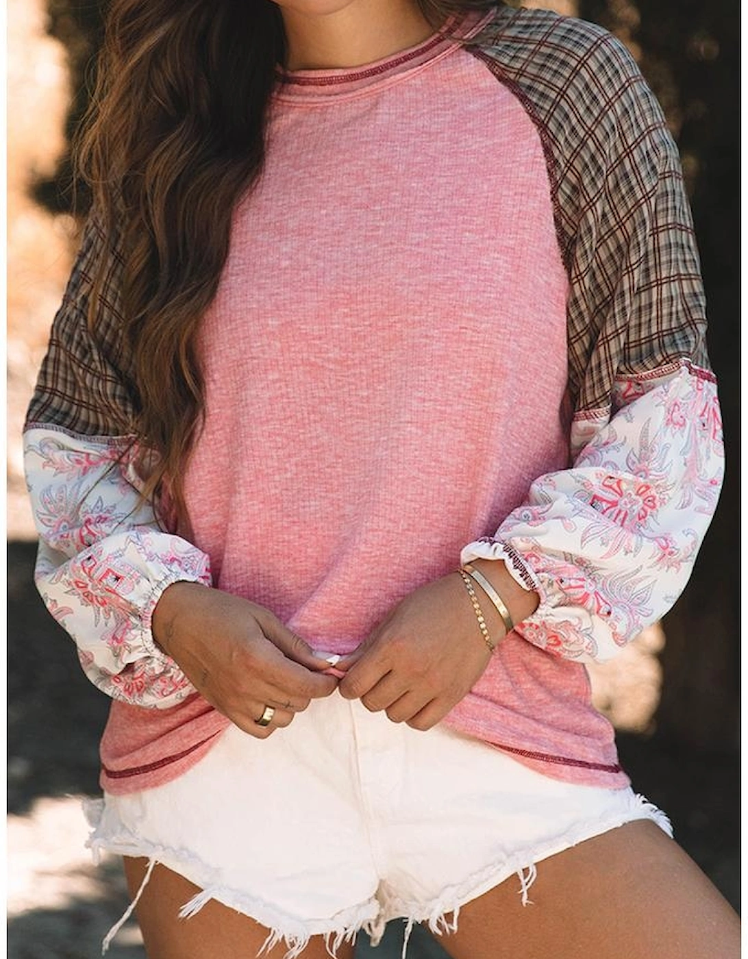 Fushia Mixed Print Raglan Sleeve Ribbed Knit Patchwork Blouse
