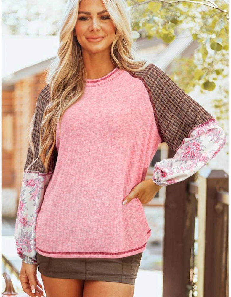 Fushia Mixed Print Raglan Sleeve Ribbed Knit Patchwork Blouse