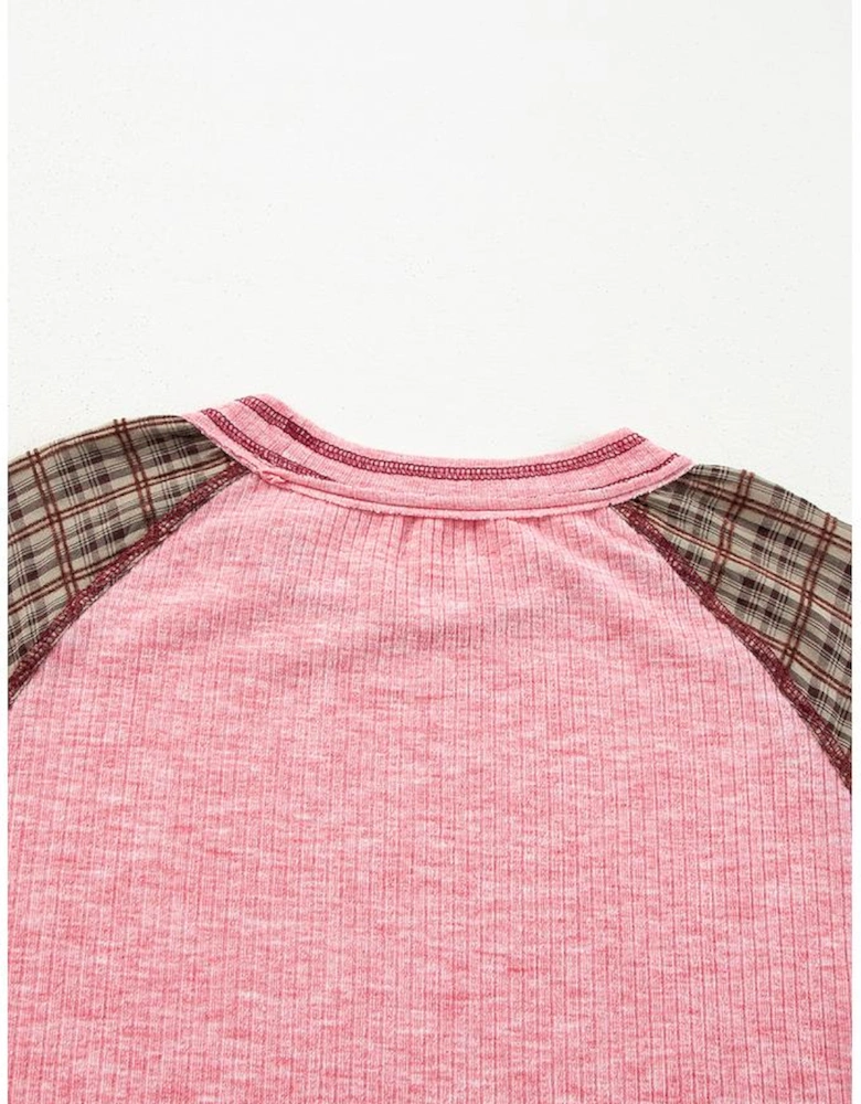 Fushia Mixed Print Raglan Sleeve Ribbed Knit Patchwork Blouse