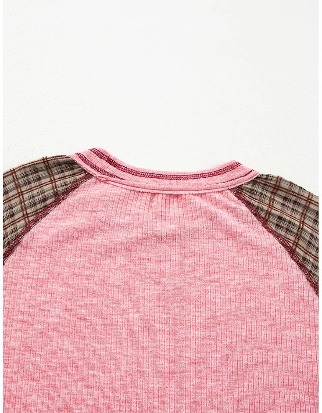 Fushia Mixed Print Raglan Sleeve Ribbed Knit Patchwork Blouse