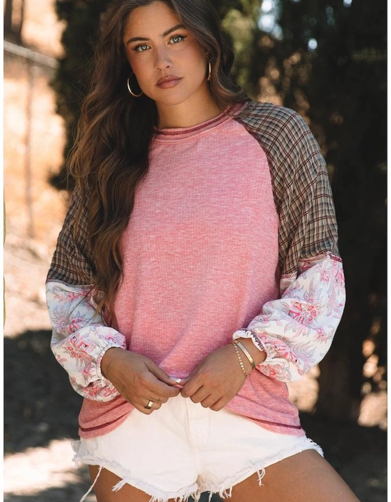 Fushia Mixed Print Raglan Sleeve Ribbed Knit Patchwork Blouse