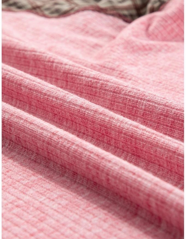 Fushia Mixed Print Raglan Sleeve Ribbed Knit Patchwork Blouse