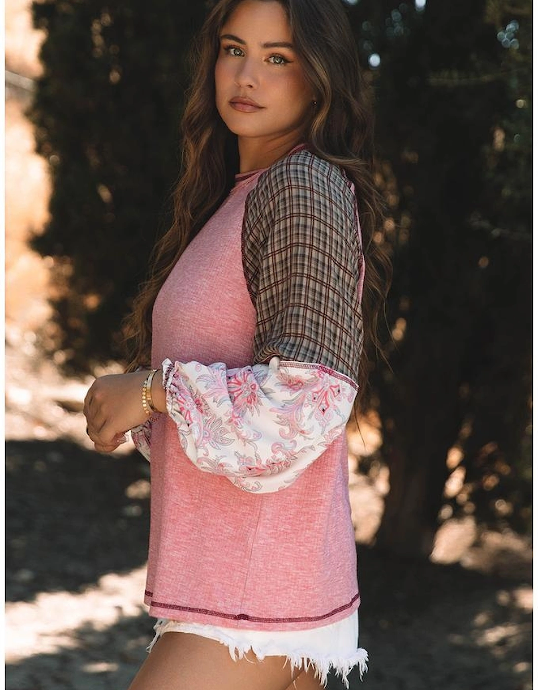 Fushia Mixed Print Raglan Sleeve Ribbed Knit Patchwork Blouse