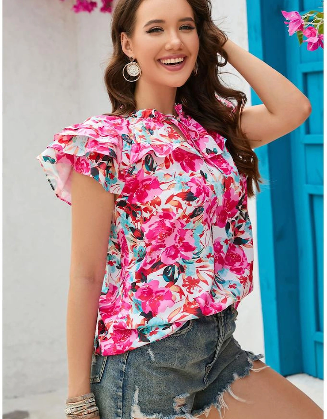 Rose Ruffle Flutter Sleeve Floral Print Blouse, 17 of 16