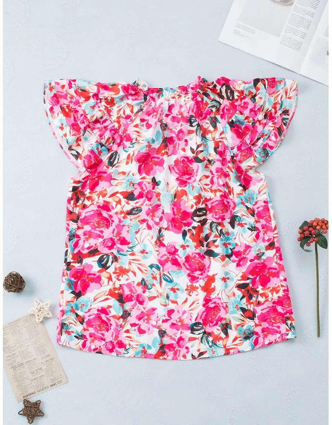 Rose Ruffle Flutter Sleeve Floral Print Blouse